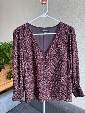 Madewell Black Blouse with Rose Ditsy Floral Button-Down